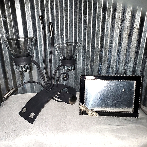 Vintage Black Metal Art Candle Holder & Black Enameled Frame - Picture 2 of 16